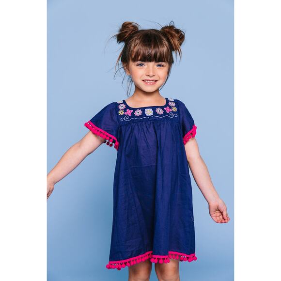 Floatimini Dress 6 / 6X Cover-up Embroidered Pompom 100% Cotton Boho Beach - Picture 1 of 10